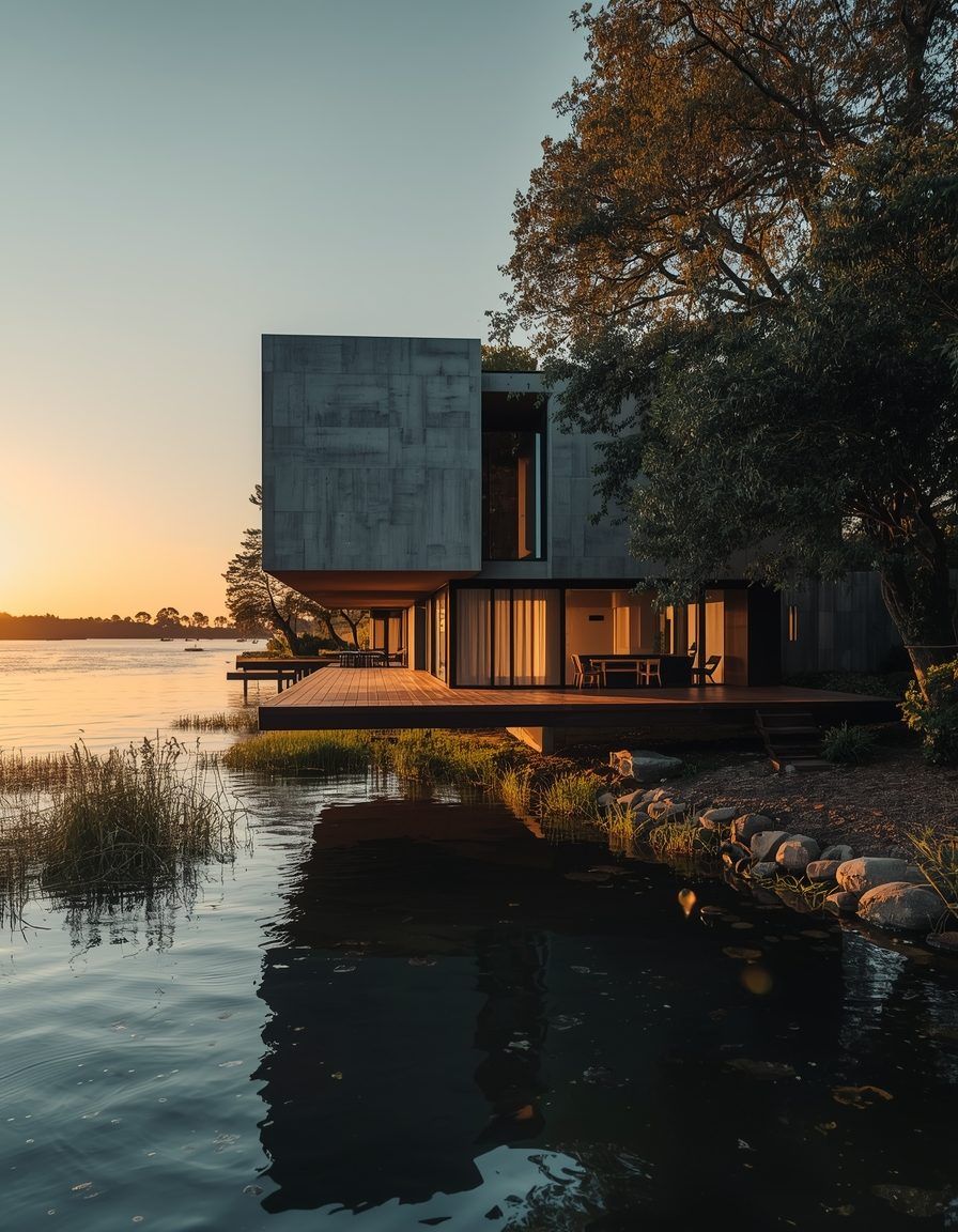 Render 3D hecho por Krea Studio para Proyecta+ — casa junto al agua